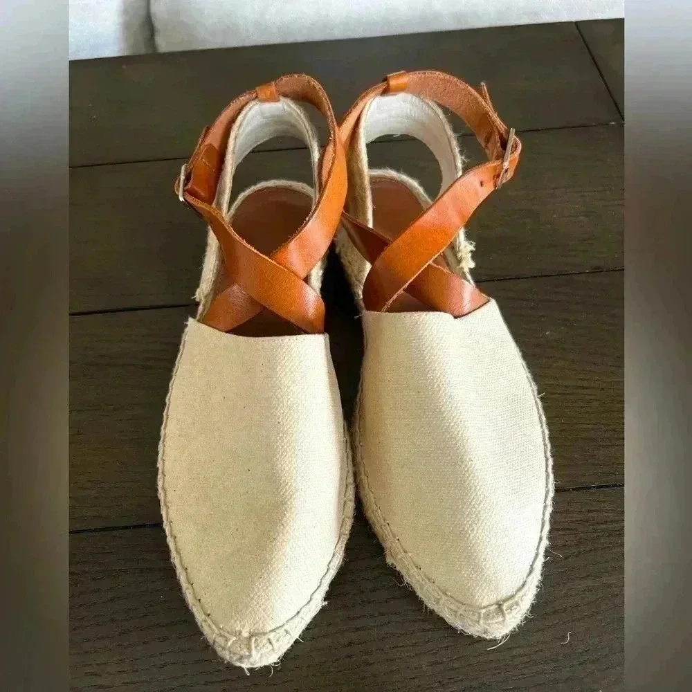 Matt Bernson beige canvas leather crias-cross straps slingback Sz‎ 7
